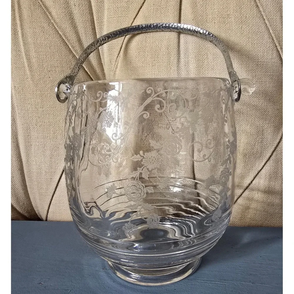 Vintage Depression Style Etched Floral Glass Ice Bucket With Metal Handle